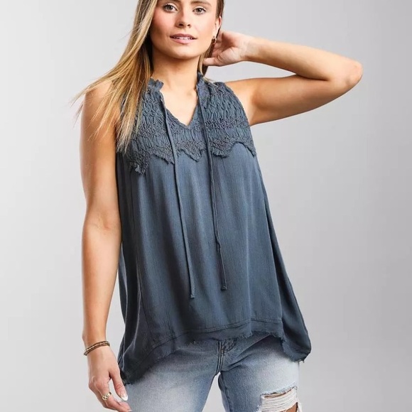 Buckle gauze freyed hem gathered accent top - Picture 1 of 3